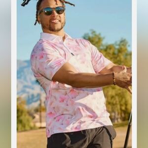 Bad Birdie White and Pink Watercolor Floral Polo Golf Shirt Men's Size L